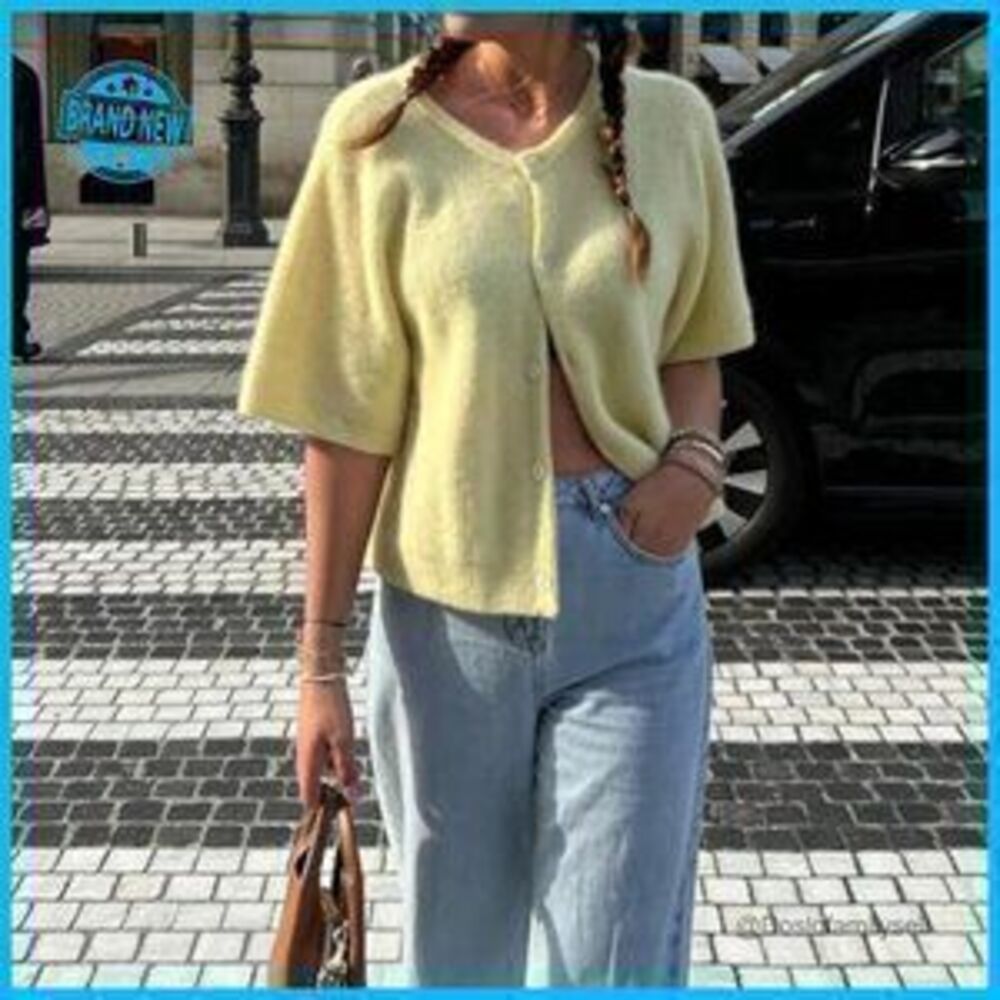 Y2K Crop Cardigan Button Down Short Sleeve Knitted Lightweight Streetwear Top - Picture 3 of 3
